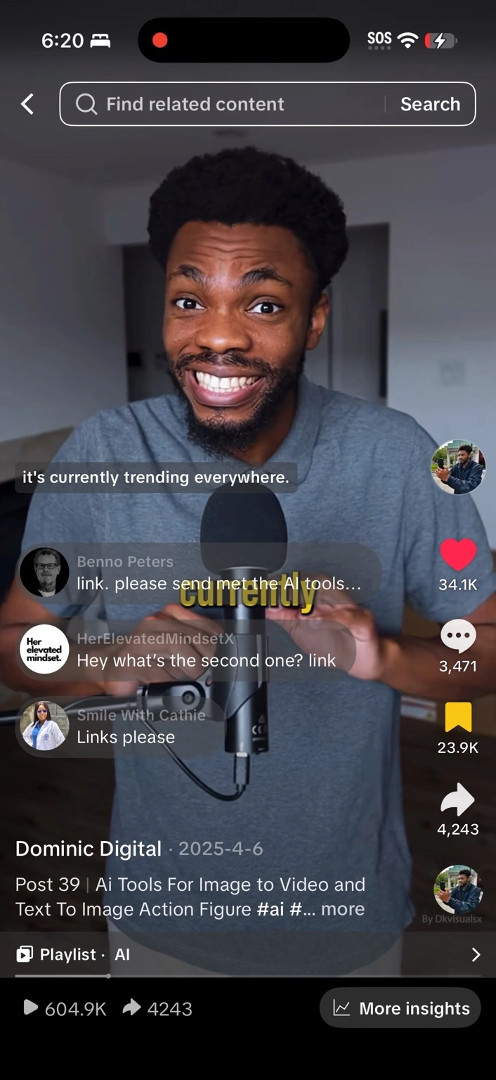 Dominic’s AI tools post showing 604.9K views